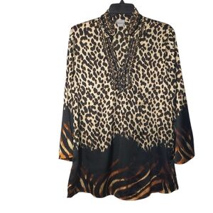 Chico's Size 1 Embellished V-Neck Animal Print Blouse in Black and Tan Artsy